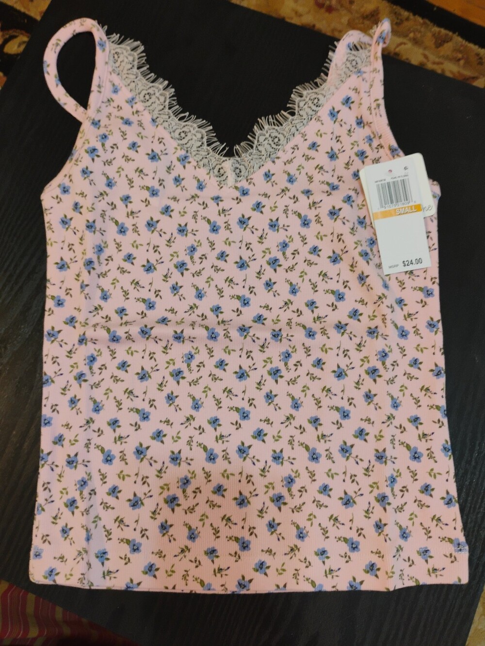 Pink Floral Lace Trim Cami with Blue Blossoms